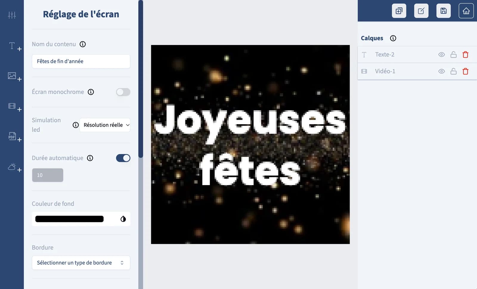 L’éditeur de contenus Lumméa : à gauche, les boutons pour ajouter un texte, une image, une vidéo, un PDF ou la météo, et les réglages de l’écran — nom du contenu « Fêtes de fin d’année », écran monochrome, simulation LED en résolution réelle, durée, couleur de fond, bordure ; au centre, le message « Joyeuses fêtes » sur un fond de paillettes dorées, dessiné point par point ; à droite, ses deux calques, un texte et une vidéo.