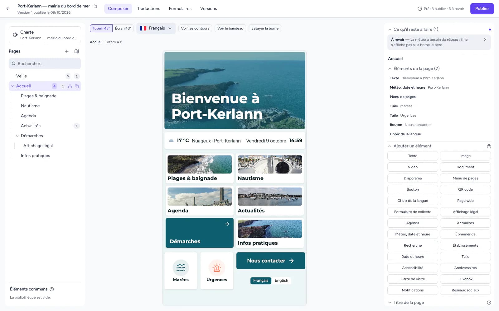 Le studio de composition Lumméa Play : à gauche, l’arborescence des pages du projet de Port-Kerlann ; au centre, l’aperçu de l’accueil sur le totem 43 pouces, avec le choix entre ce format et l’écran horizontal ; à droite, les éléments de la page et la palette des éléments à ajouter, dont diaporama, page web, affichage légal, agenda, actualités et météo.